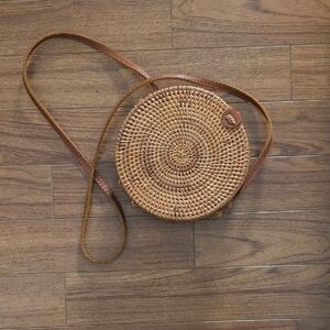 Round Woven Tan Crossbody Bag